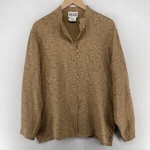 SOIE Top L Silk Floral Jacquard Textured Button Up Mandarin Collar Brown Vintage